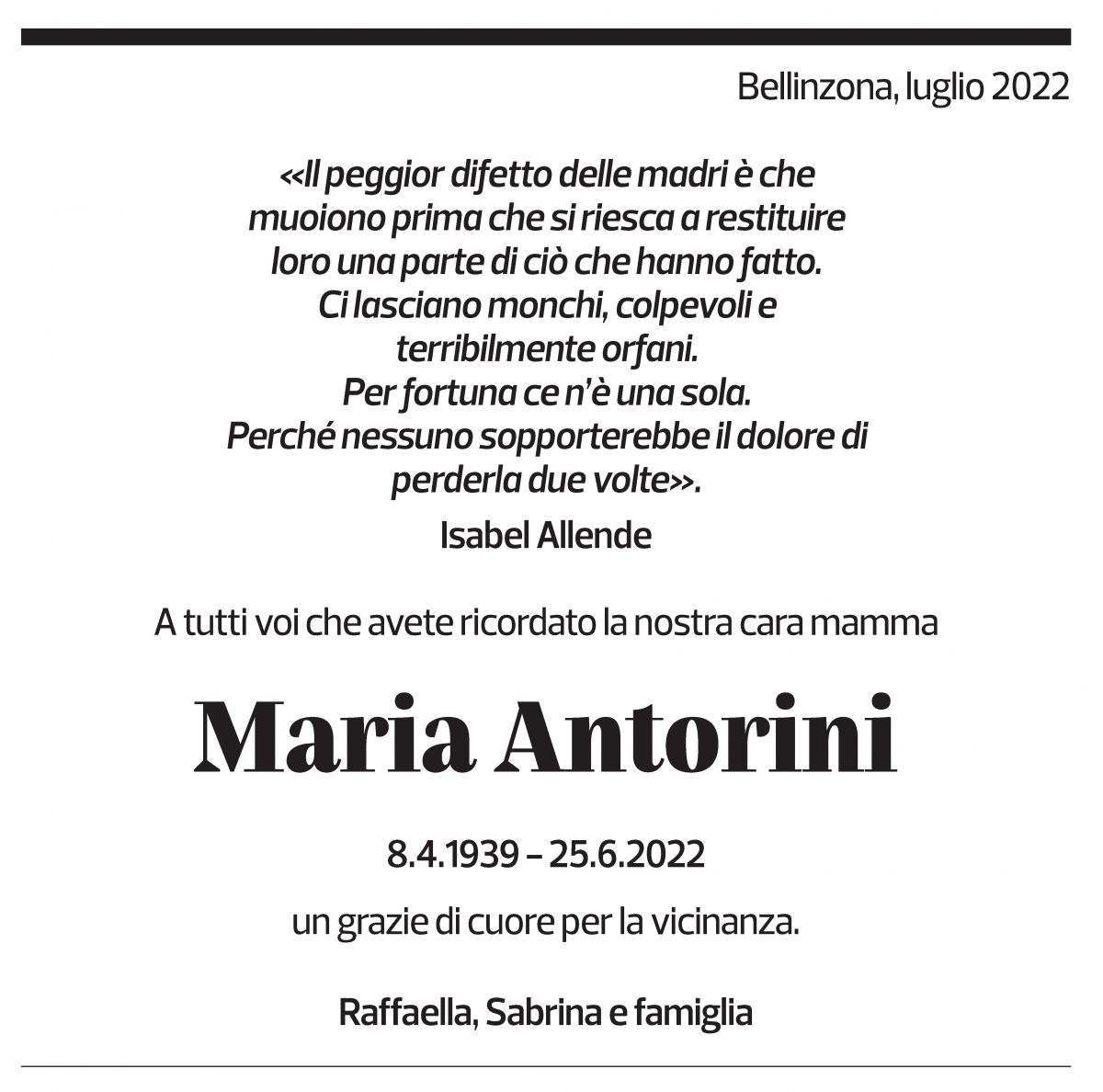 Annuncio funebre Maria Antorini