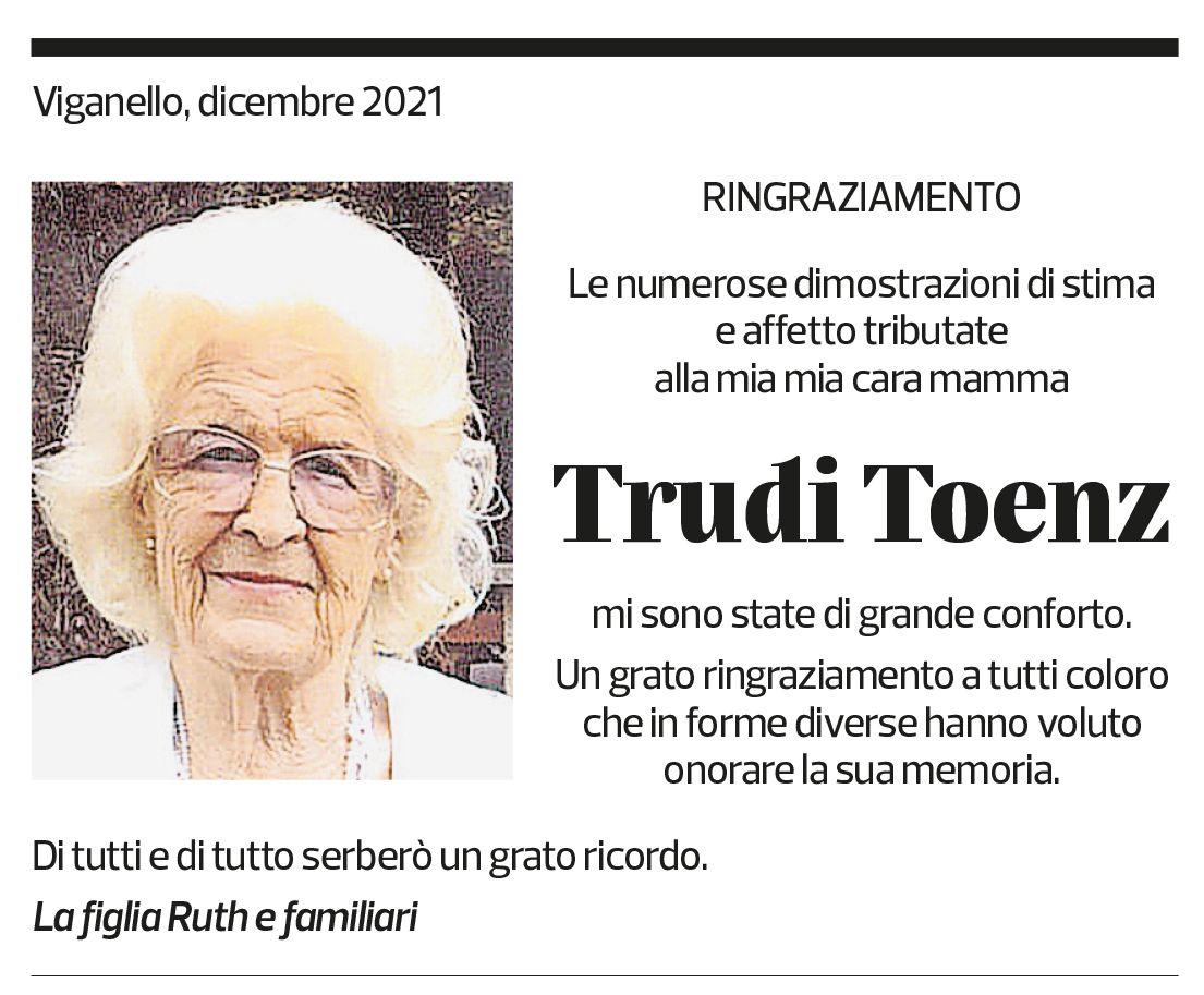 Annuncio funebre Trudi Toenz