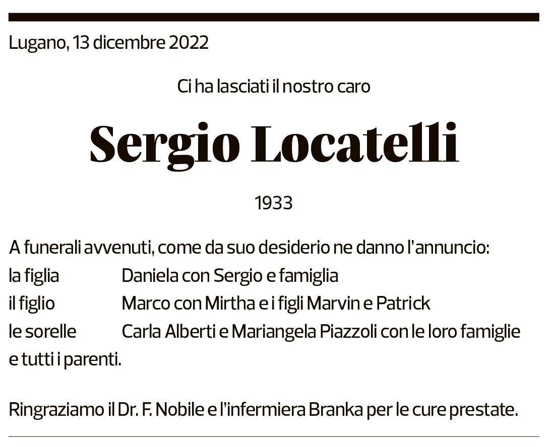 Annuncio funebre Sergio Locatelli