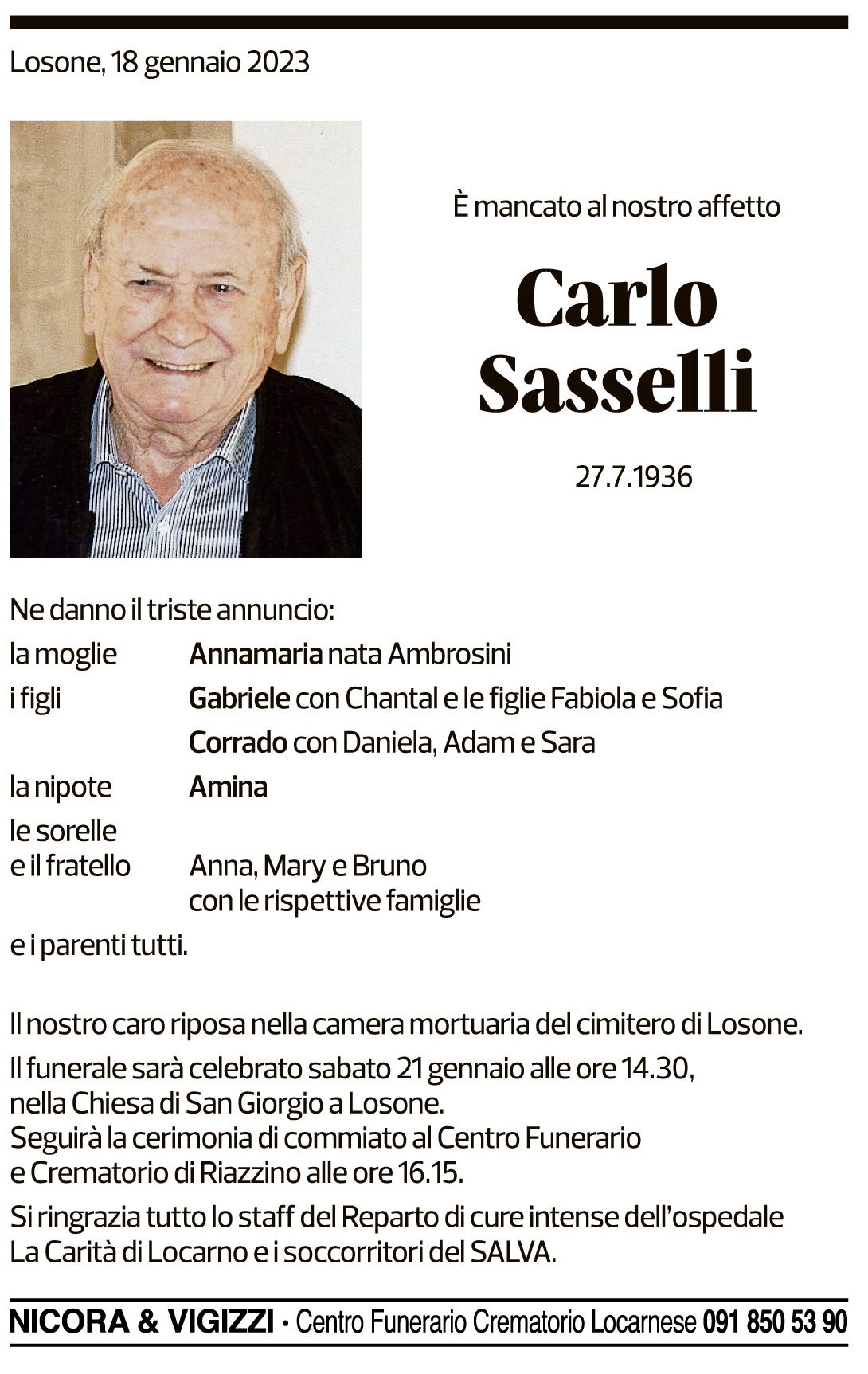 Annuncio funebre Carlo Sasselli