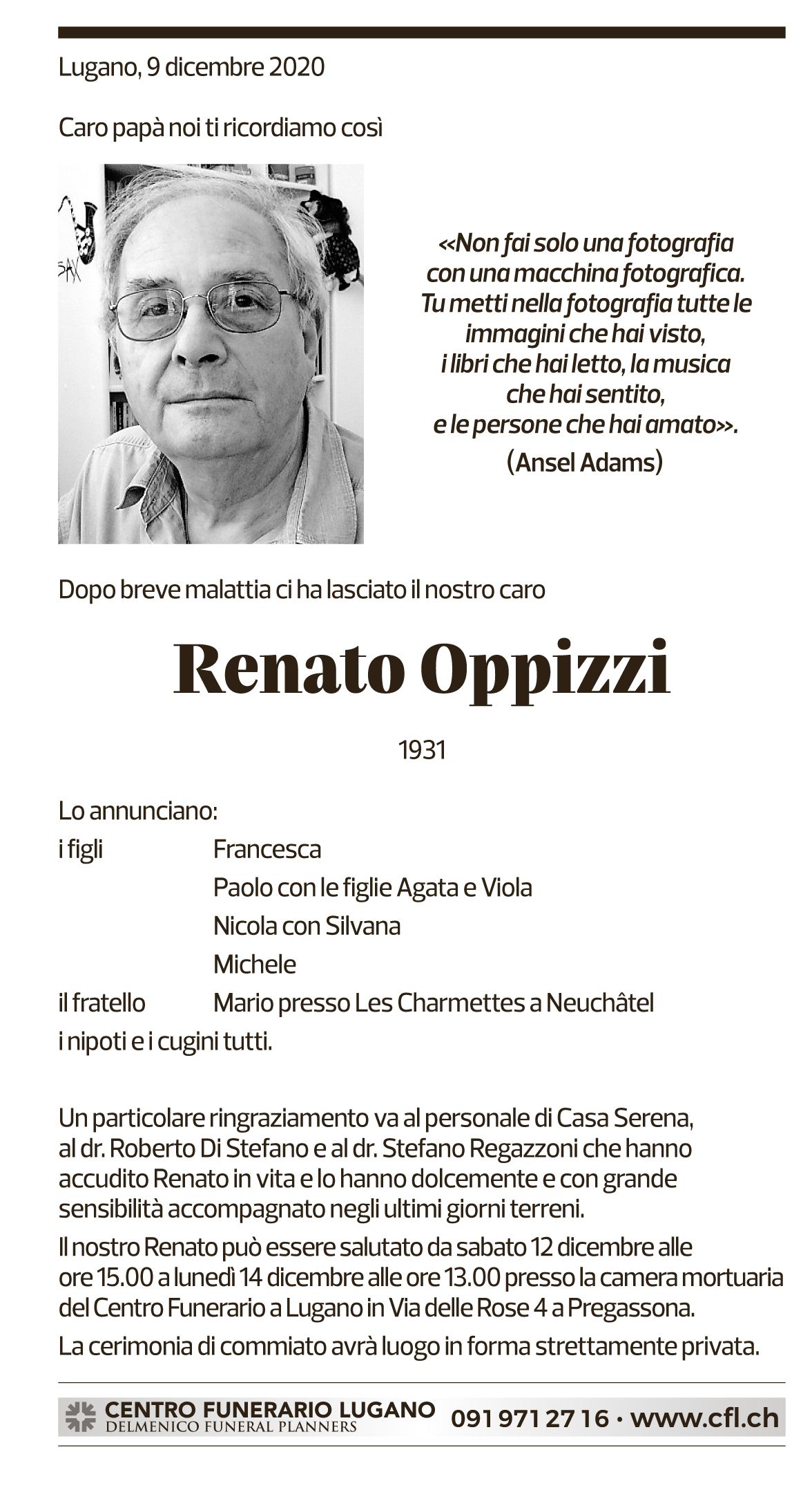 Annuncio funebre Renato Oppizzi