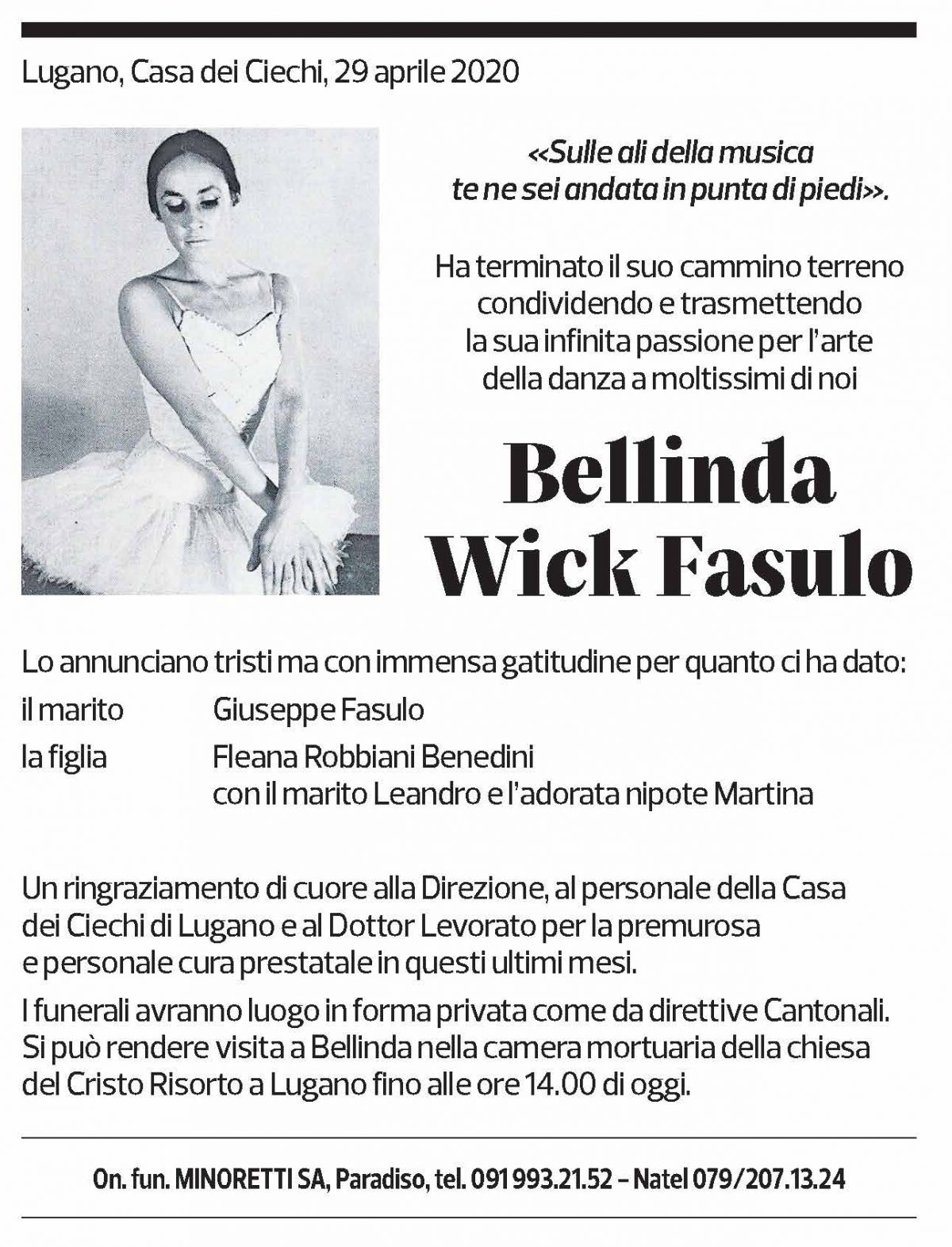 Annuncio funebre Bellinda Wick Fasulo