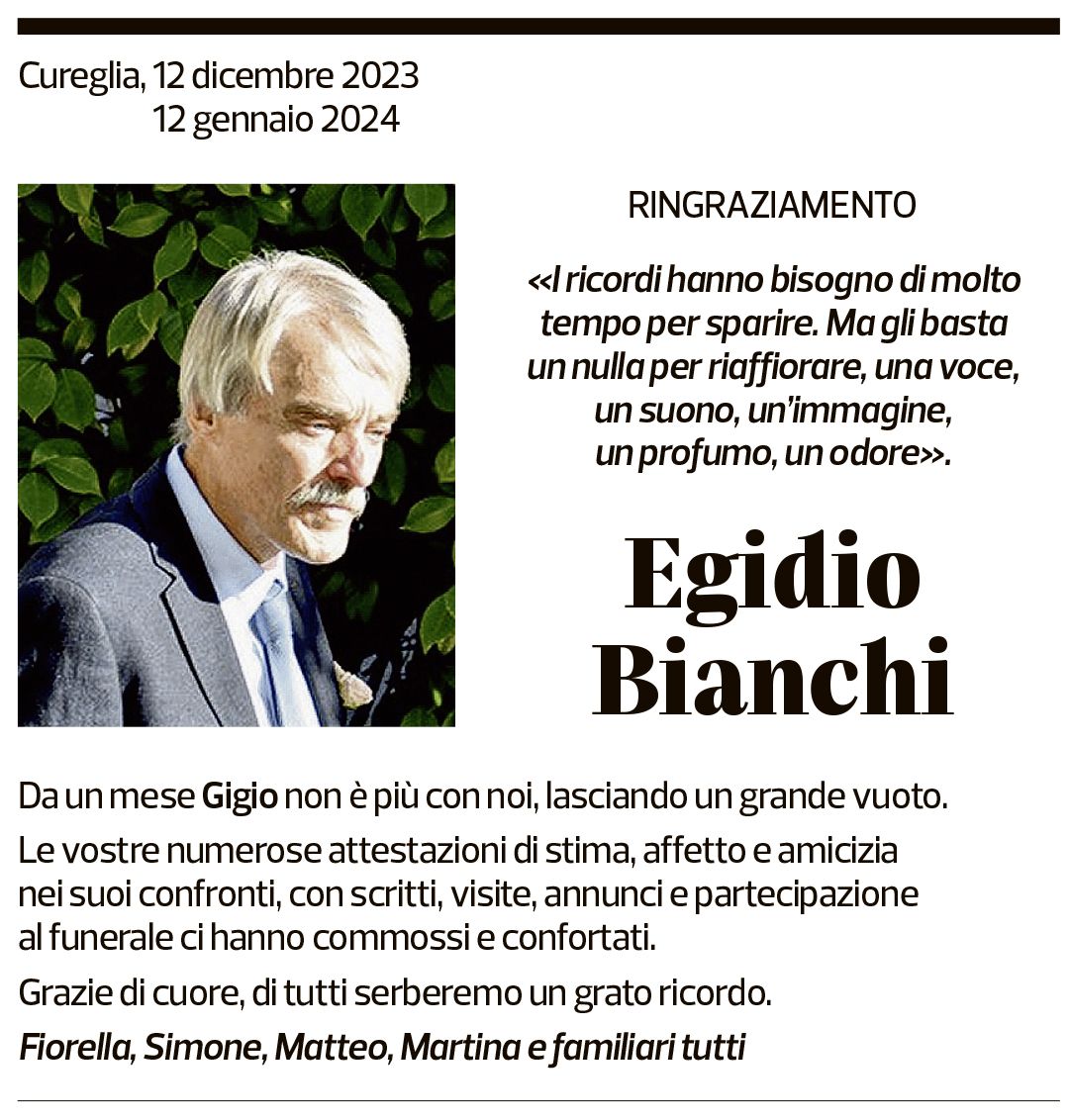 Annuncio funebre Egidio Bianchi