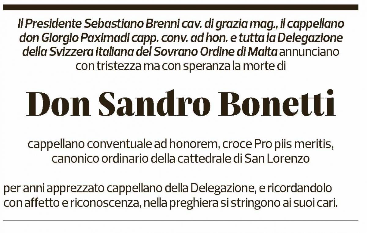 Annuncio funebre Don Sandro Bonetti