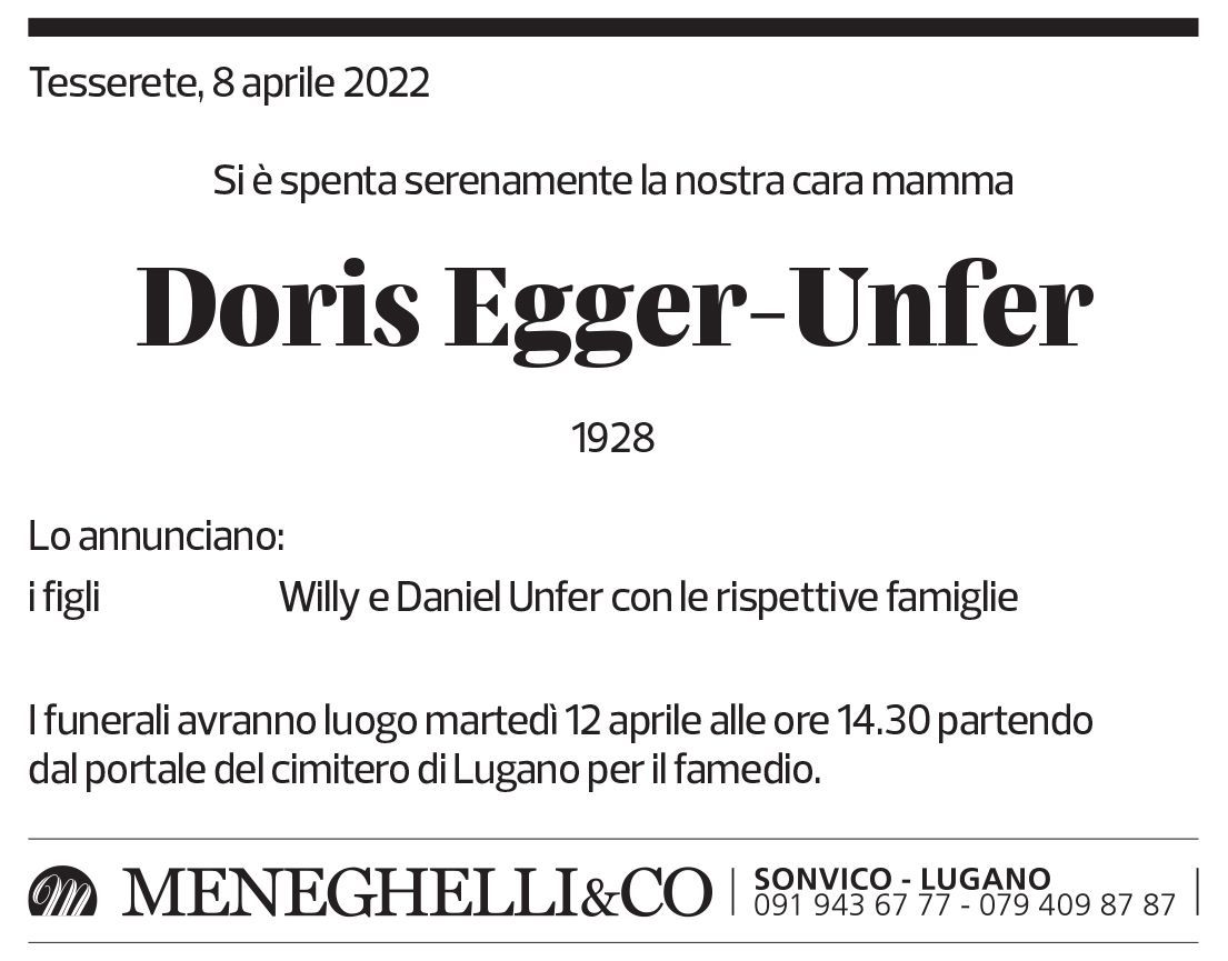 Annuncio funebre Doris Egger-unfer