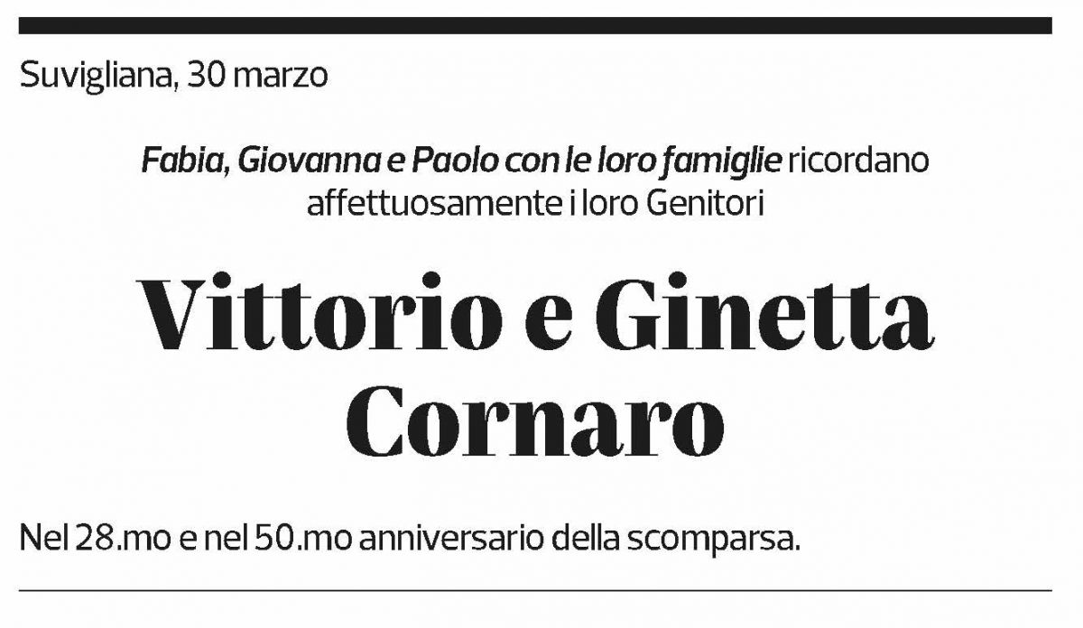 Annuncio funebre Vittorio Cornaro Ginetta Cornaro