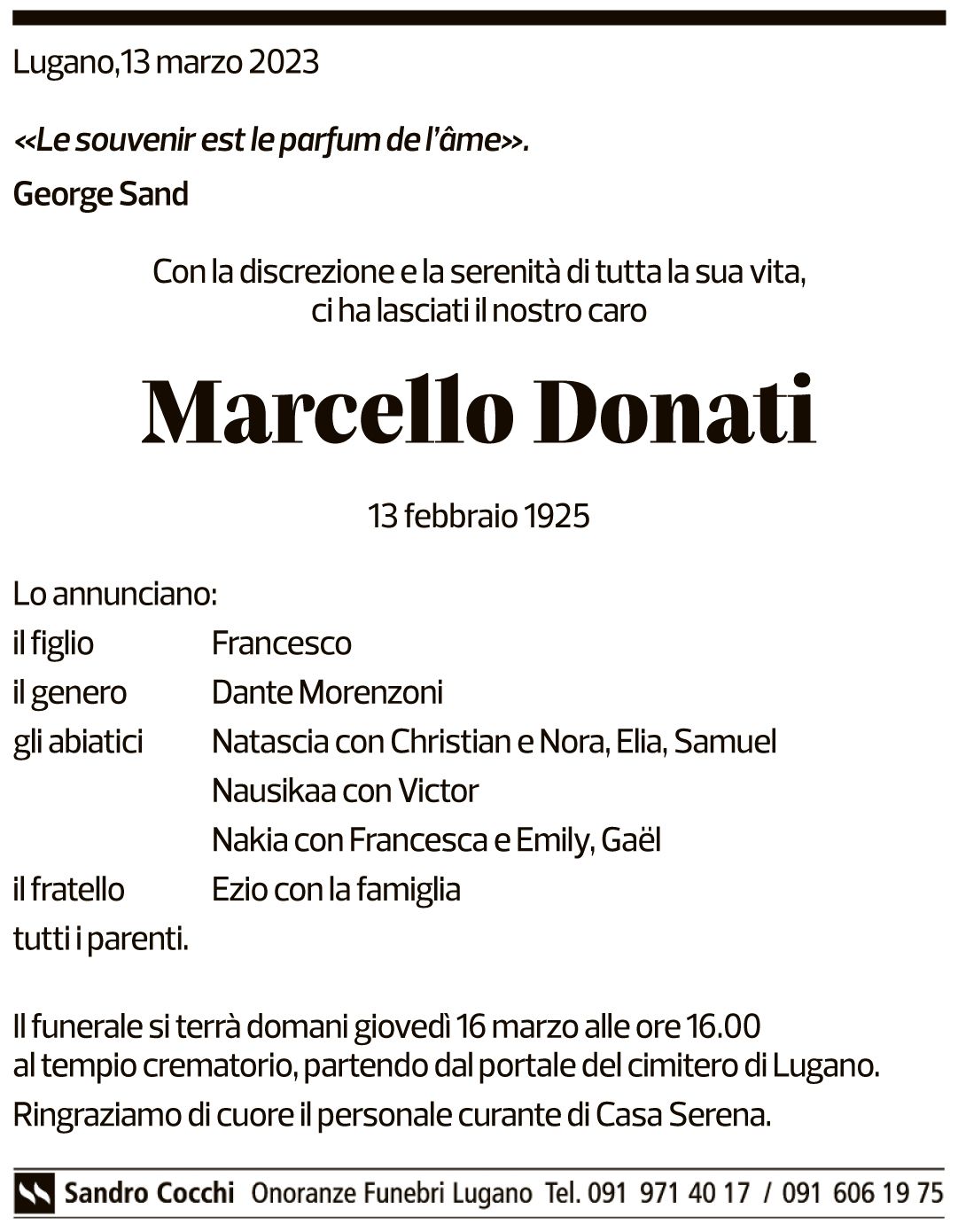 Annuncio funebre Marcello Donati