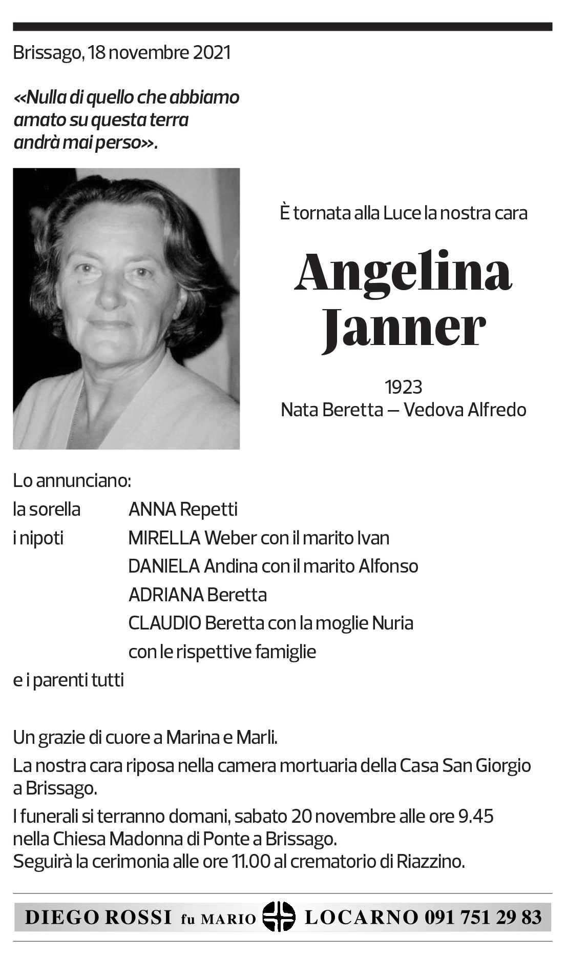 Annuncio funebre Angelina Janner