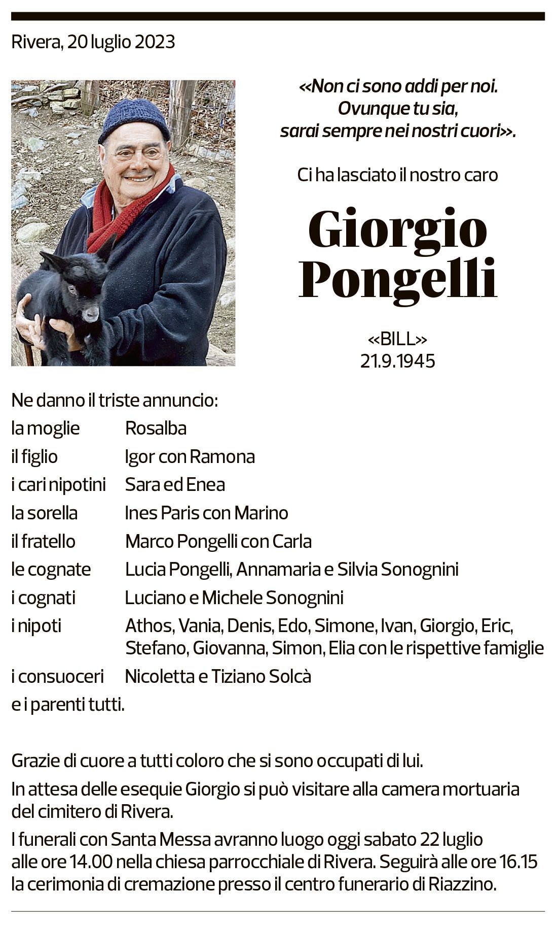 Annuncio funebre Giorgio Pongelli