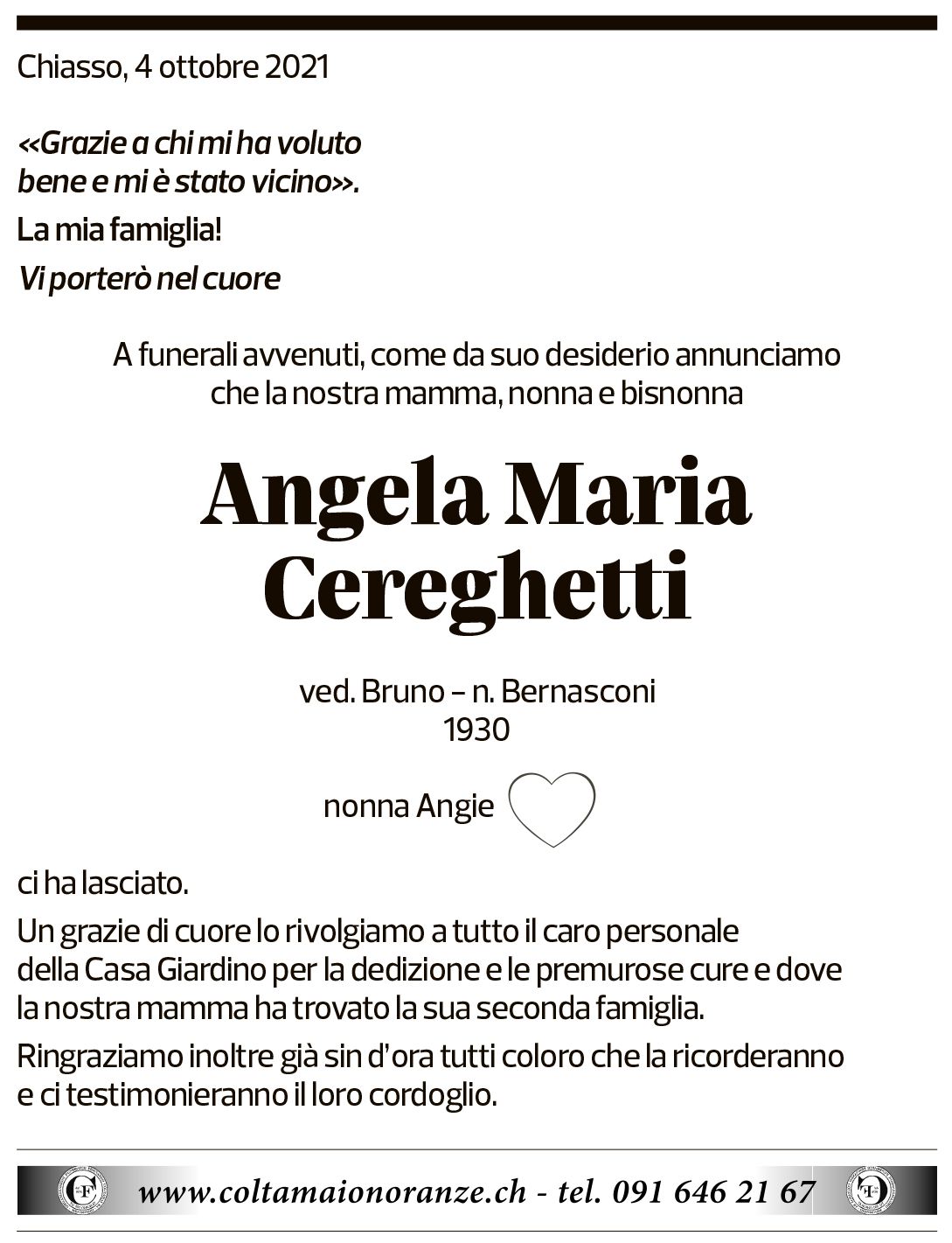 Annuncio funebre Angela Maria Cereghetti