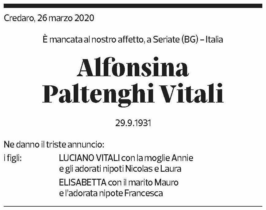 Annuncio funebre Alfonsina Paltenghi Vitali