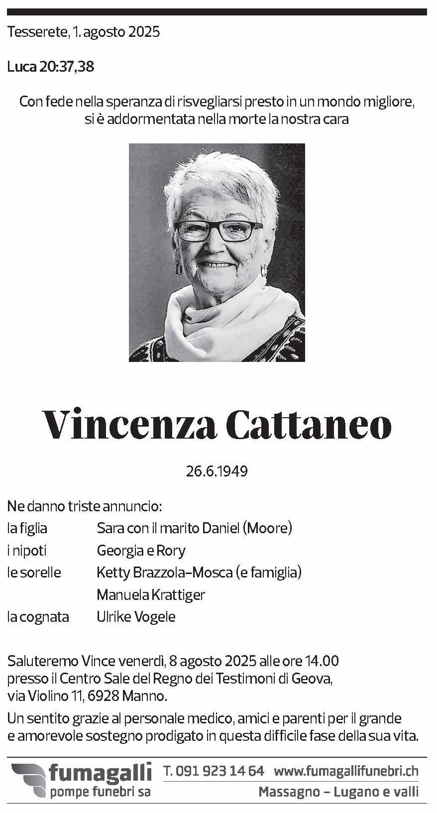 Annuncio funebre Vincenza Cattaneo