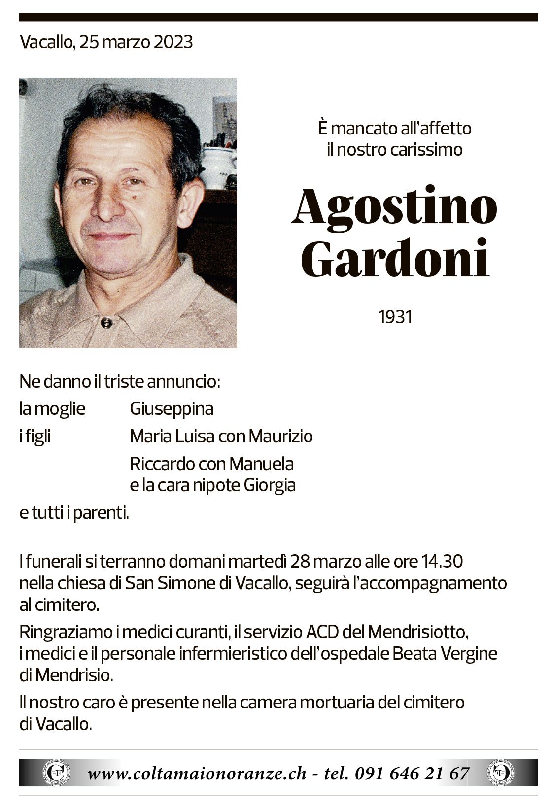 Annuncio funebre Agostino Gardoni