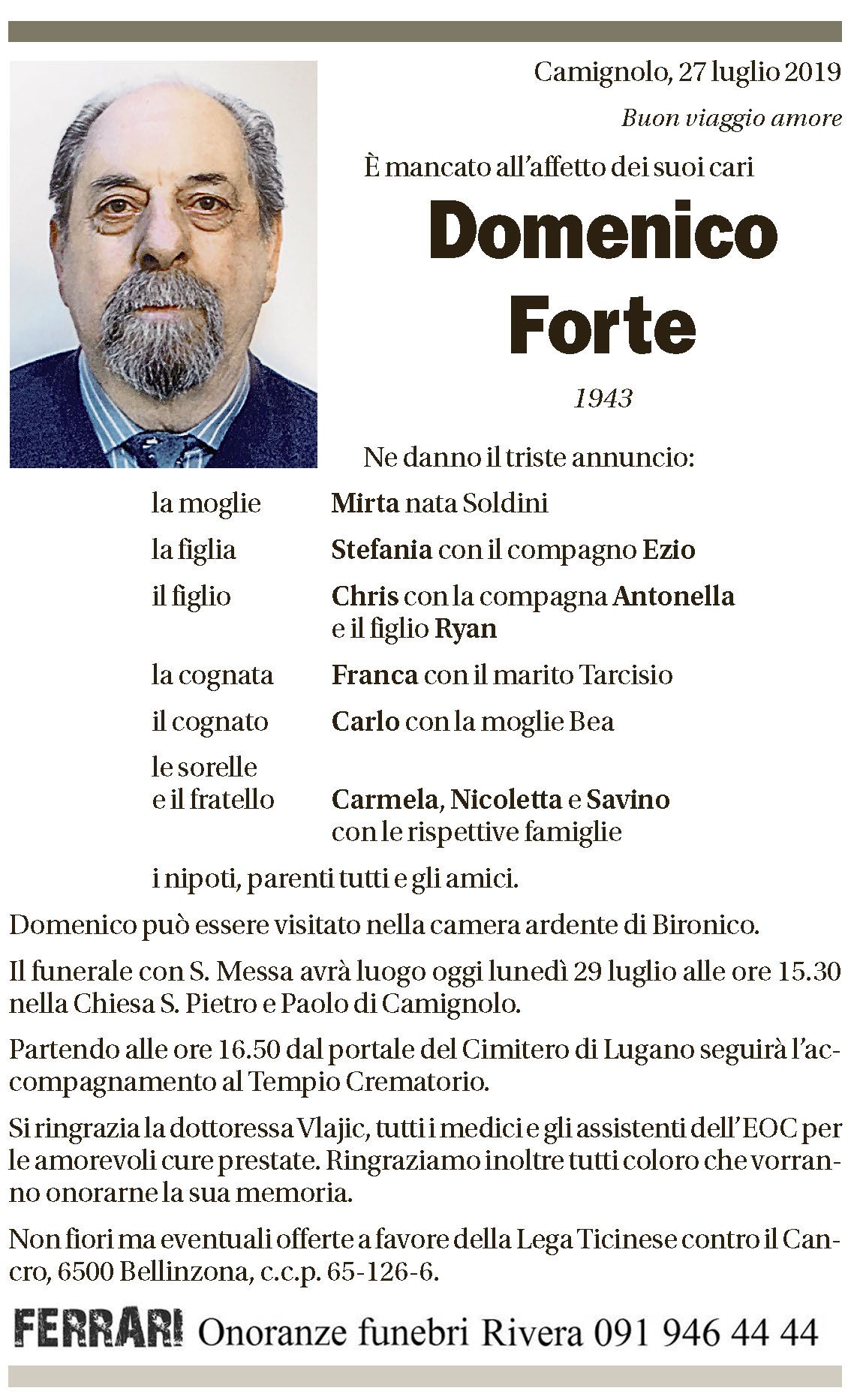 Annuncio funebre Domenico Forte