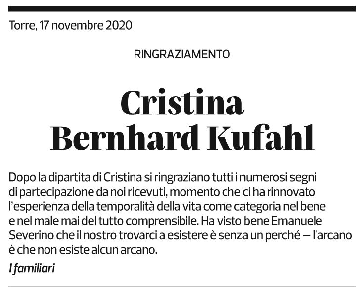 Annuncio funebre Cristina Bernhard Kufahl