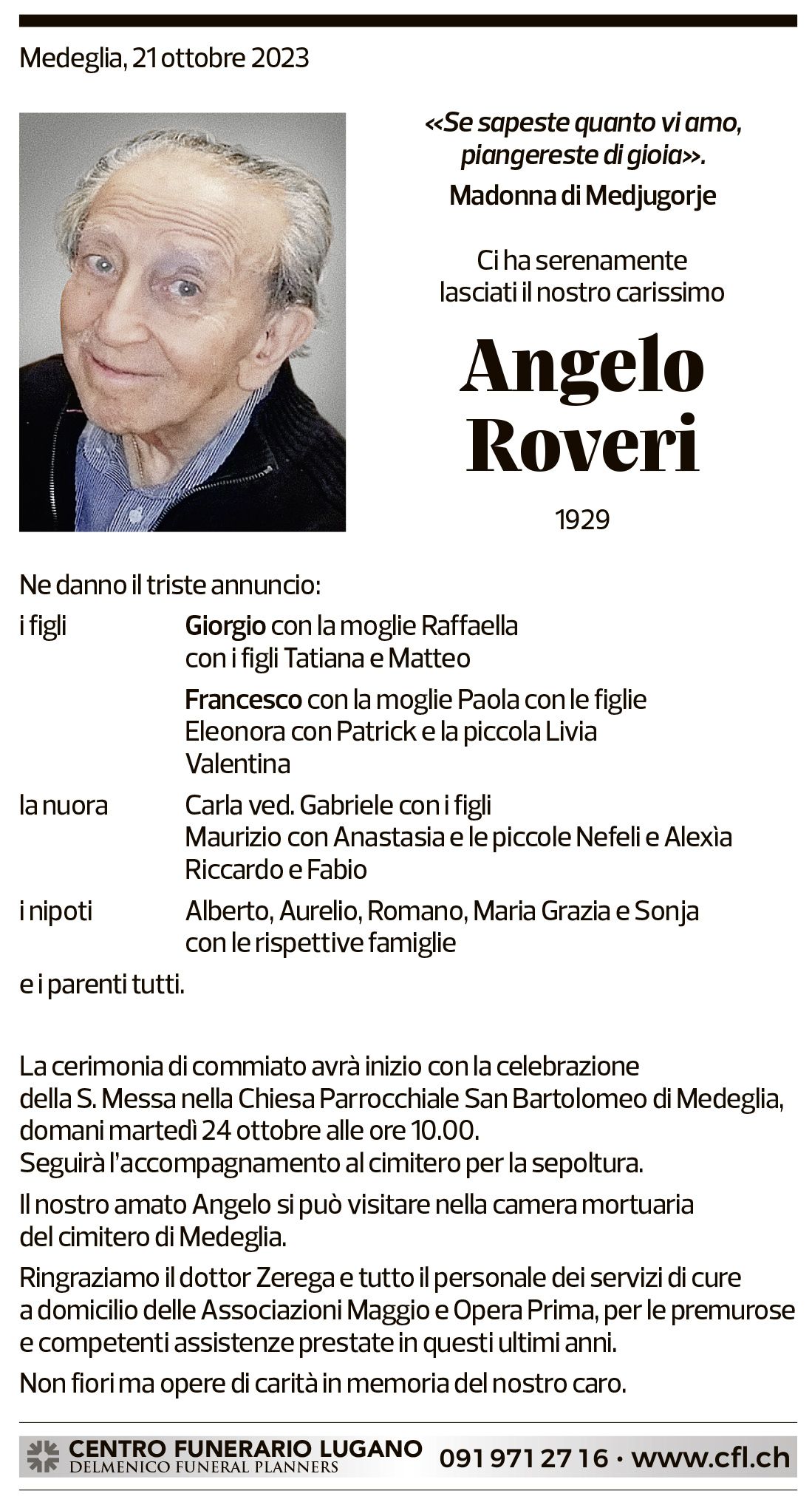 Annuncio funebre Angelo Roveri