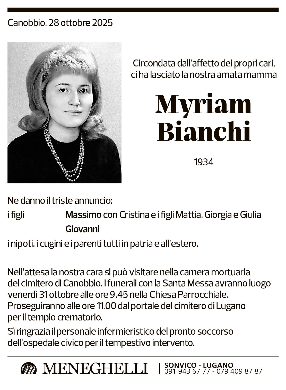 Annuncio funebre Myriam Bianchi