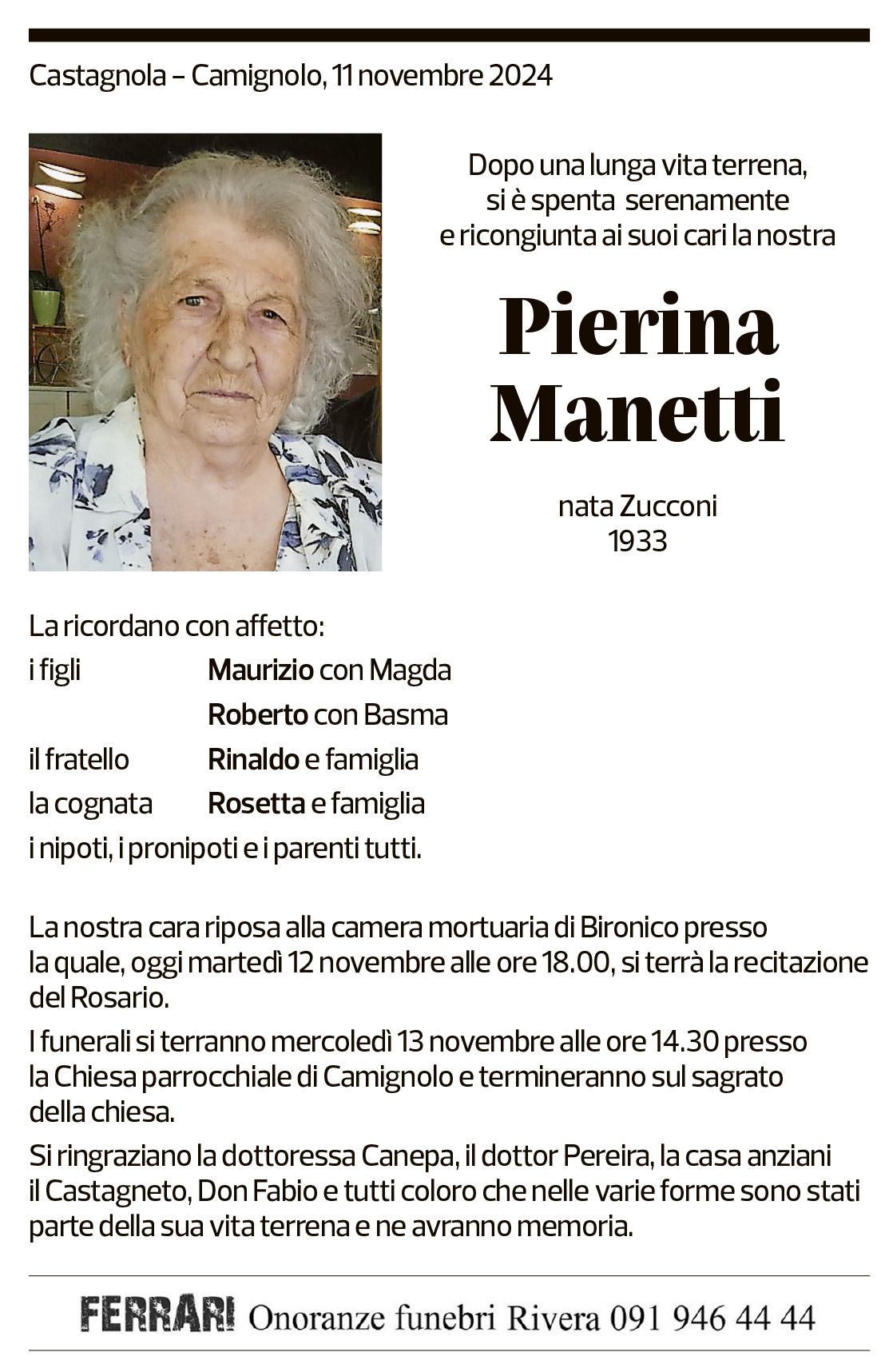 Annuncio funebre Pierina Manetti