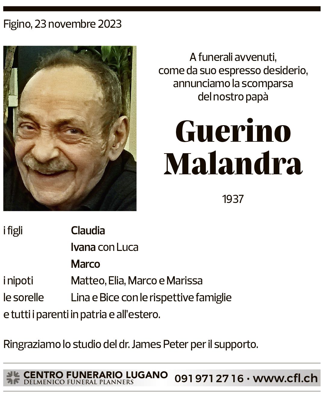 Annuncio funebre Guerino Malandra