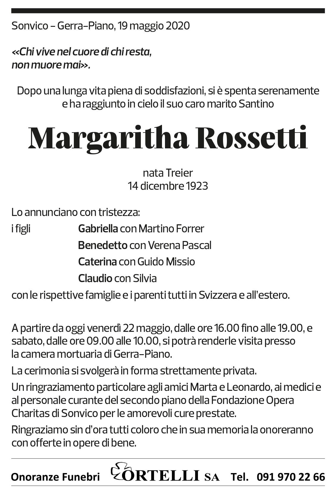 Annuncio funebre Margaritha Rossetti