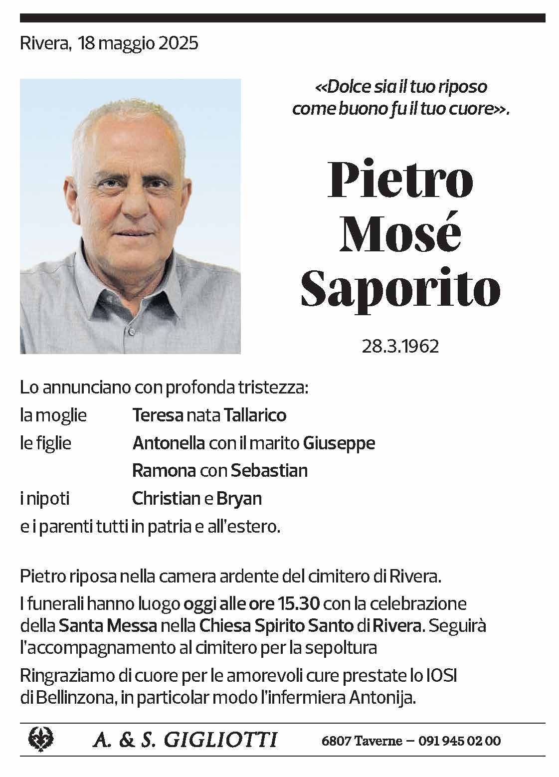 Annuncio funebre Pietro Mosé Saporito