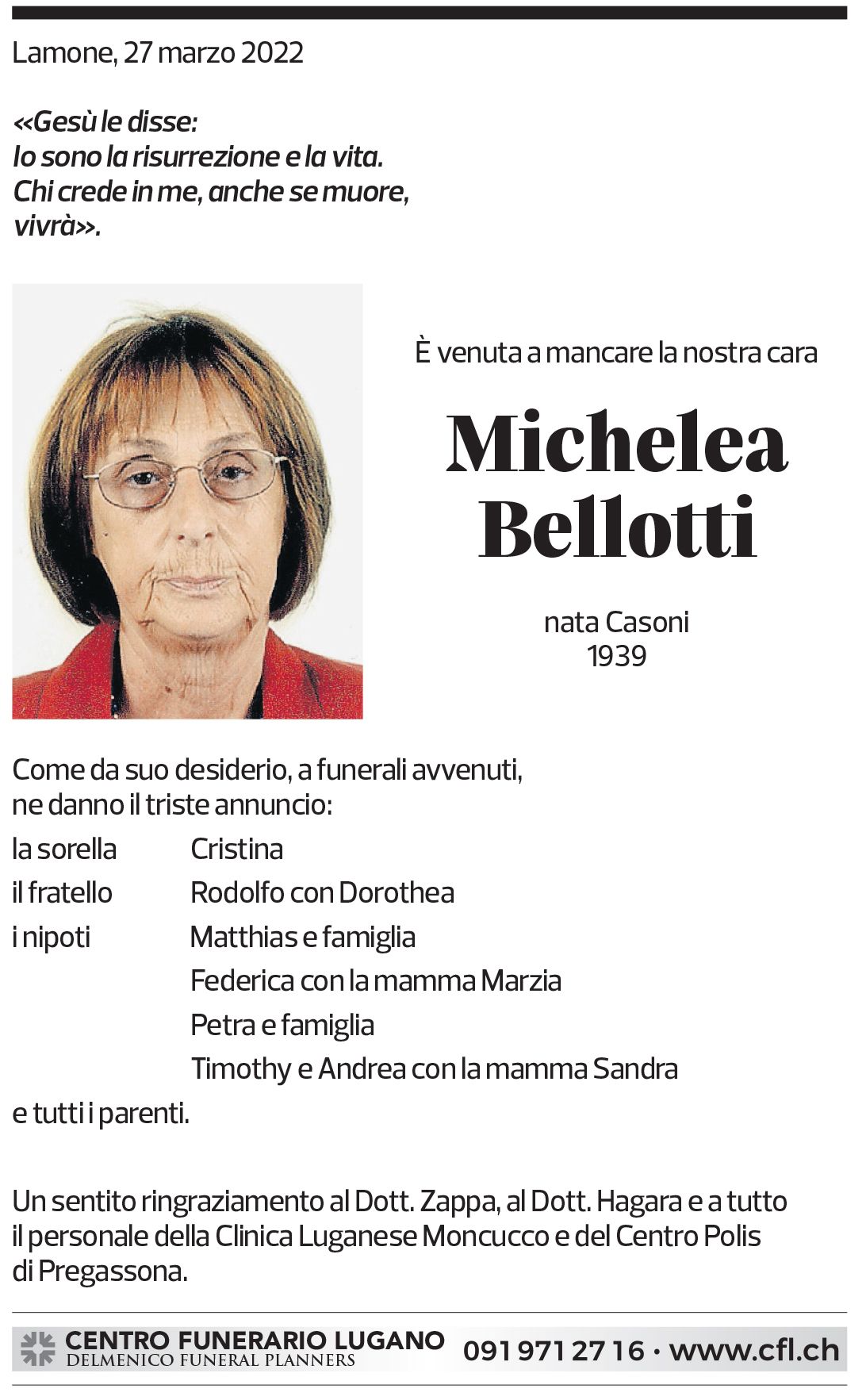 Annuncio funebre Michelea Bellotti