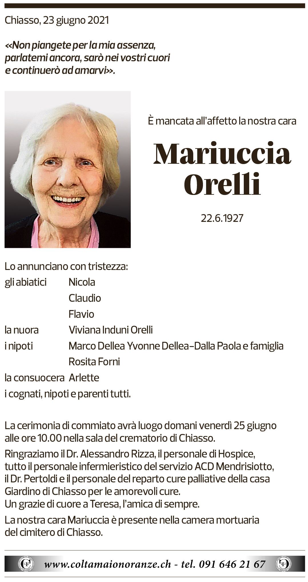 Annuncio funebre Mariuccia Orelli