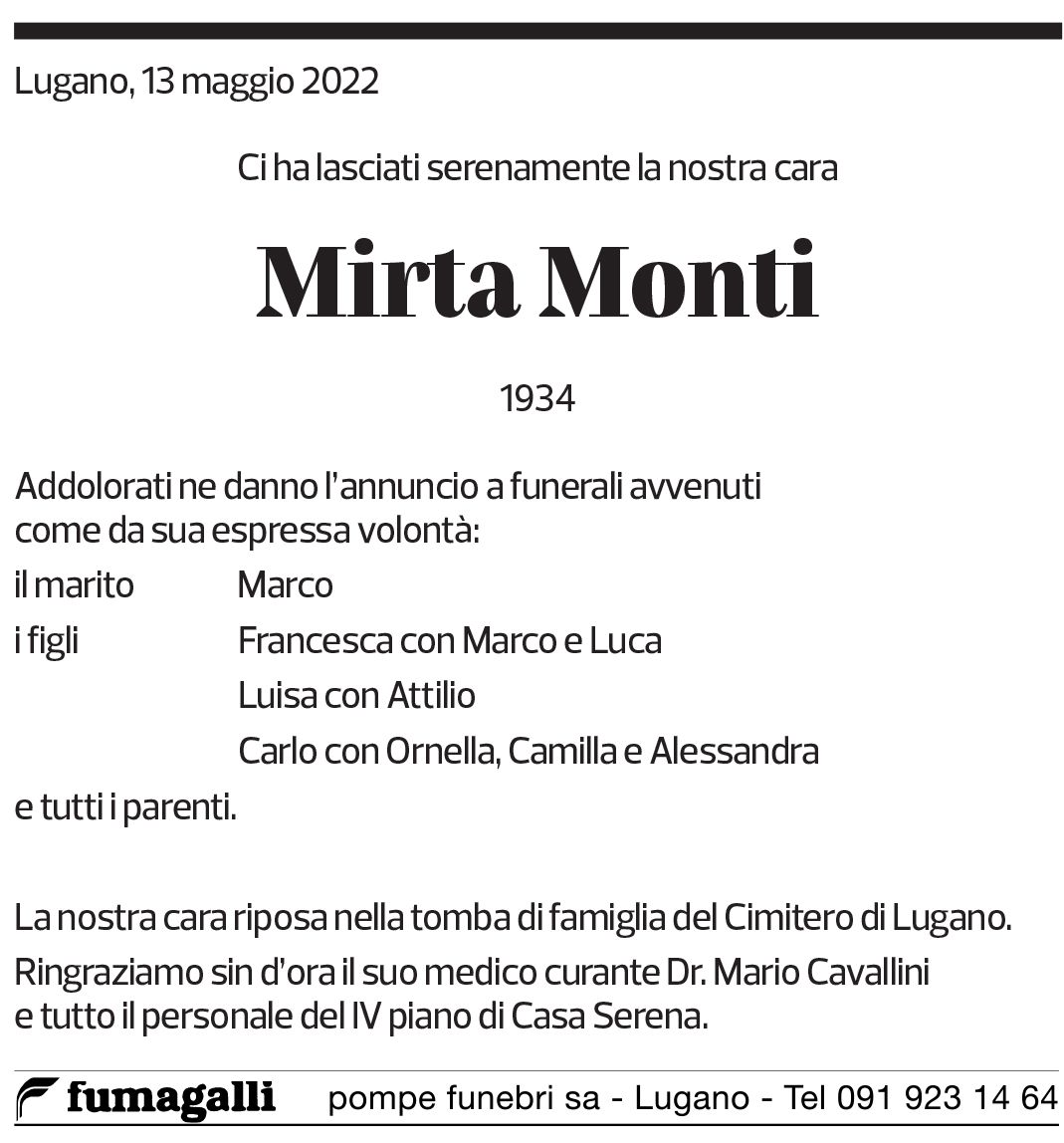 Annuncio funebre Mirta Monti