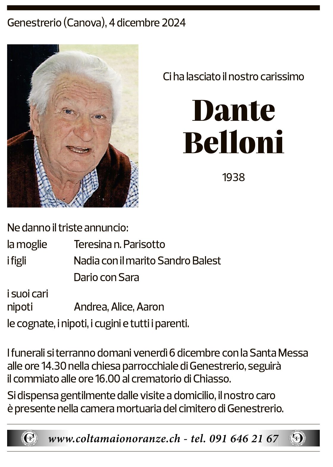 Annuncio funebre Dante Belloni