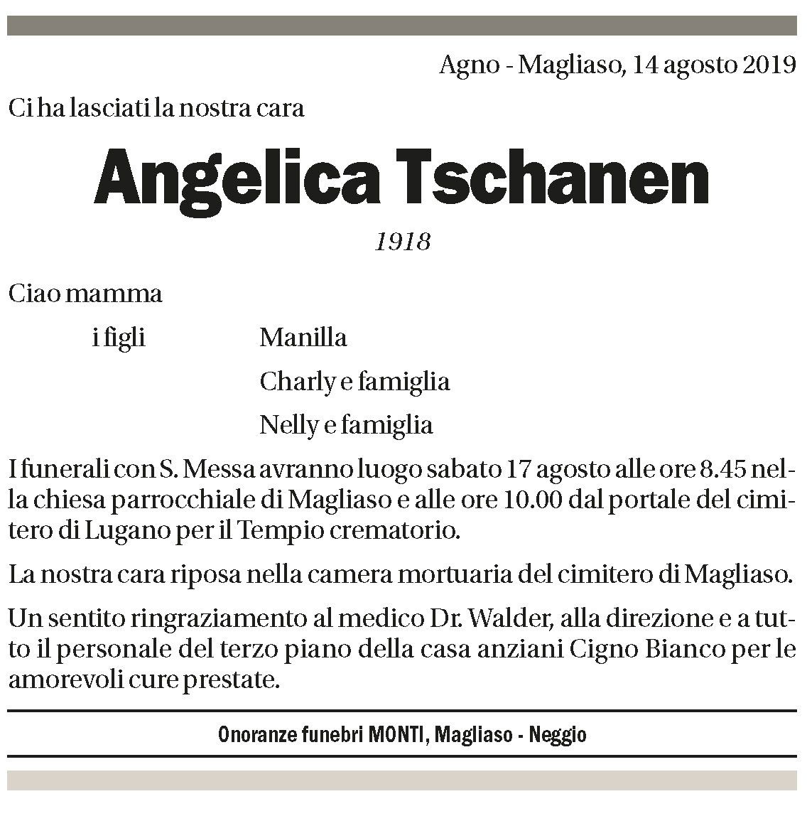 Annuncio funebre Angelica Tschanen