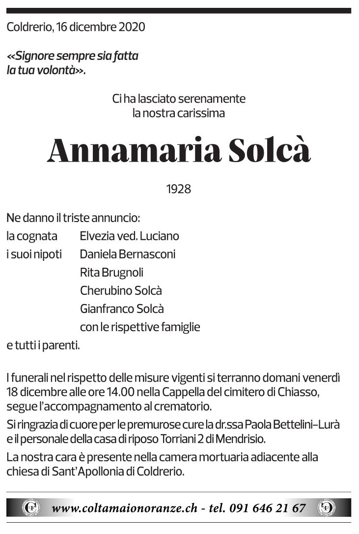 Annuncio funebre Annamaria Solcà