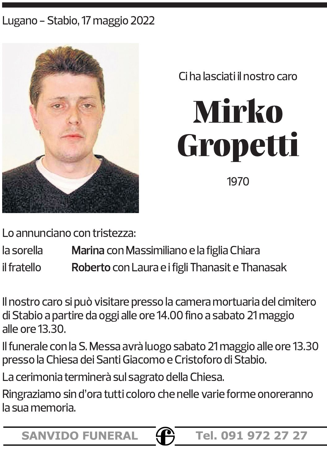 Annuncio funebre Mirko Gropetti