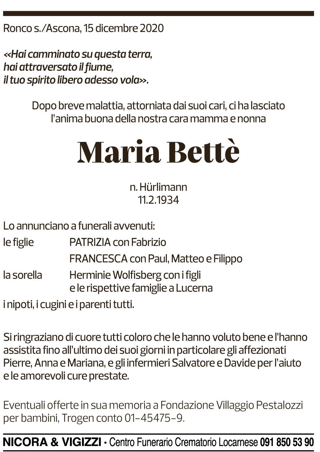 Annuncio funebre Maria Bettè