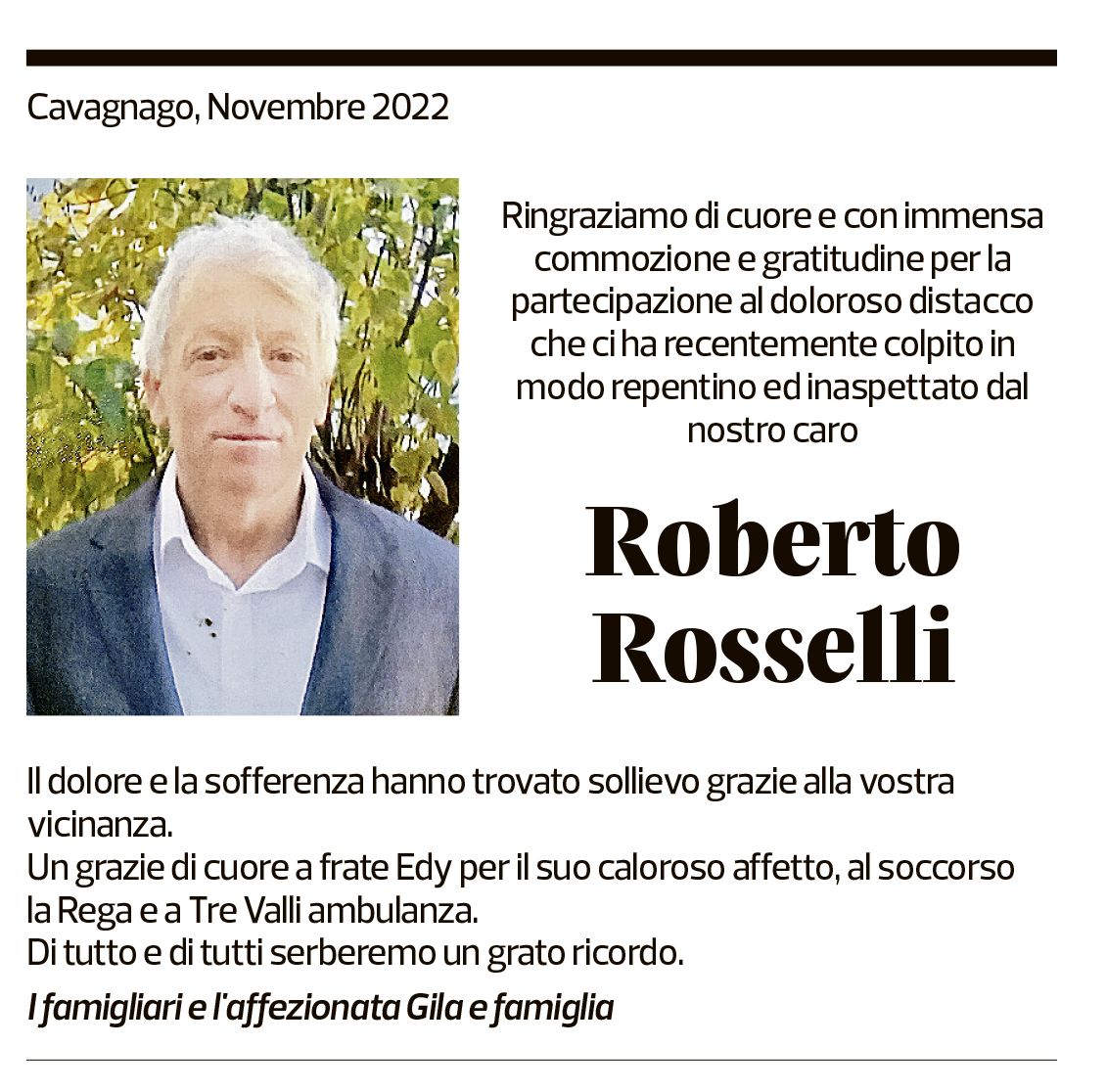 Annuncio funebre Roberto Rosselli