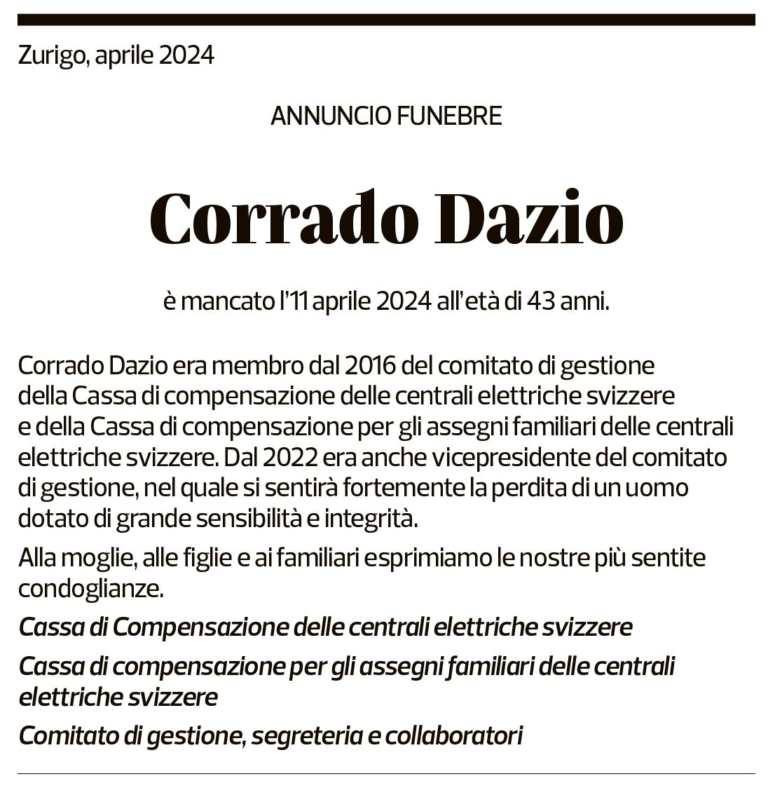 Annuncio funebre Corrado Dazio