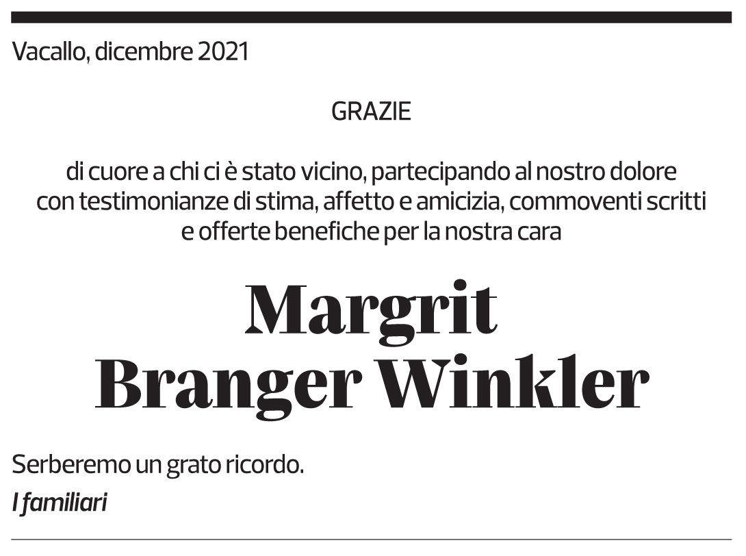 Annuncio funebre Margrit Branger Winkler