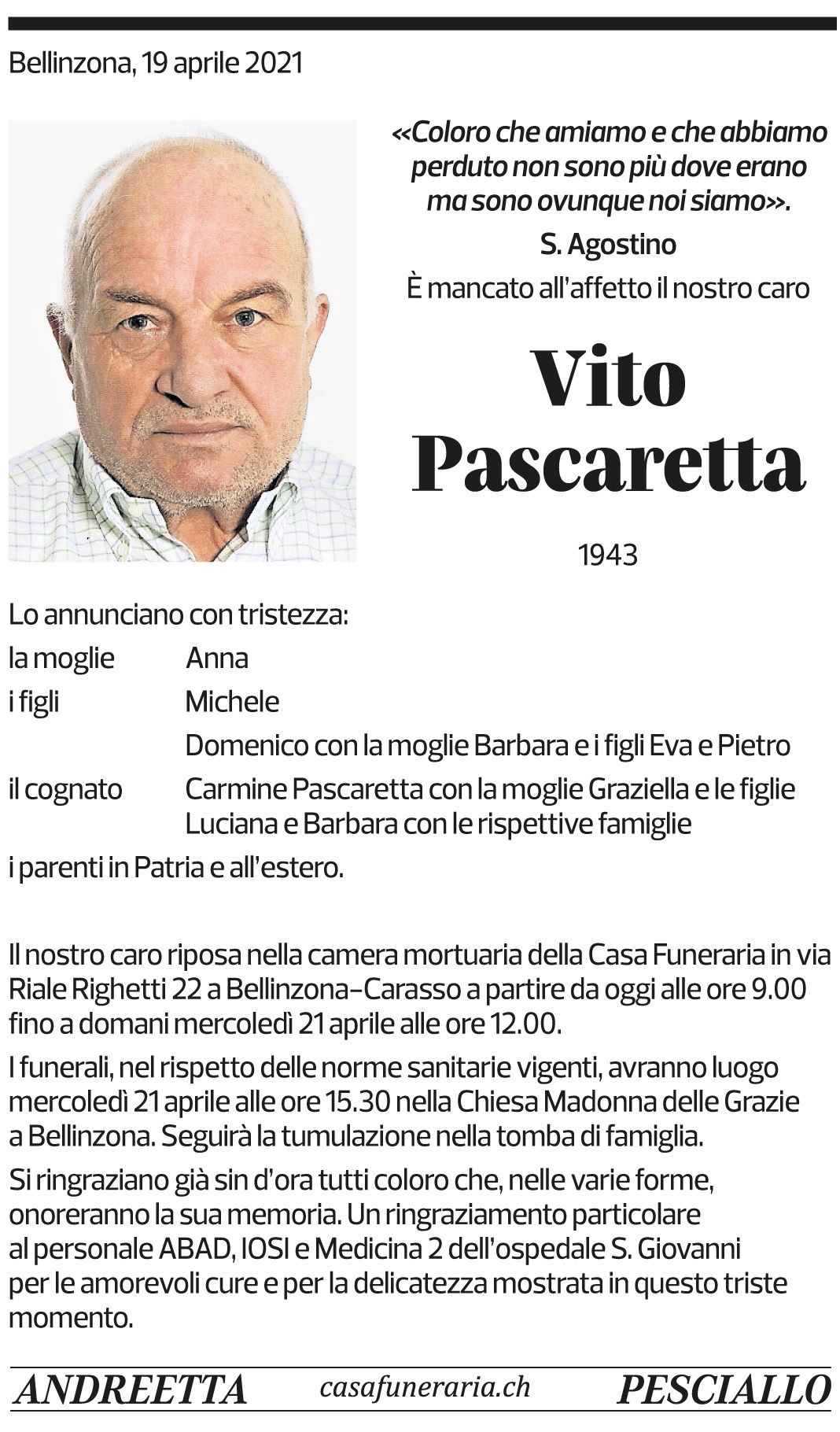 Annuncio funebre Vito Pascaretta