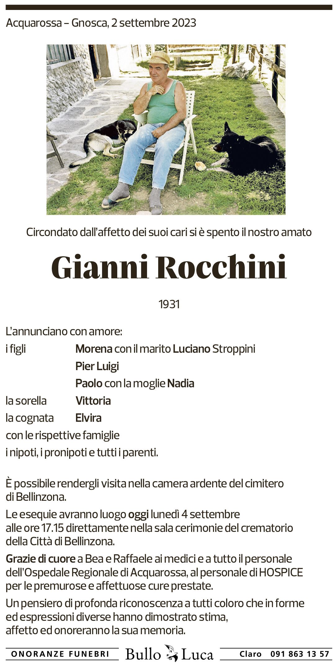 Annuncio funebre Gianni Rocchini