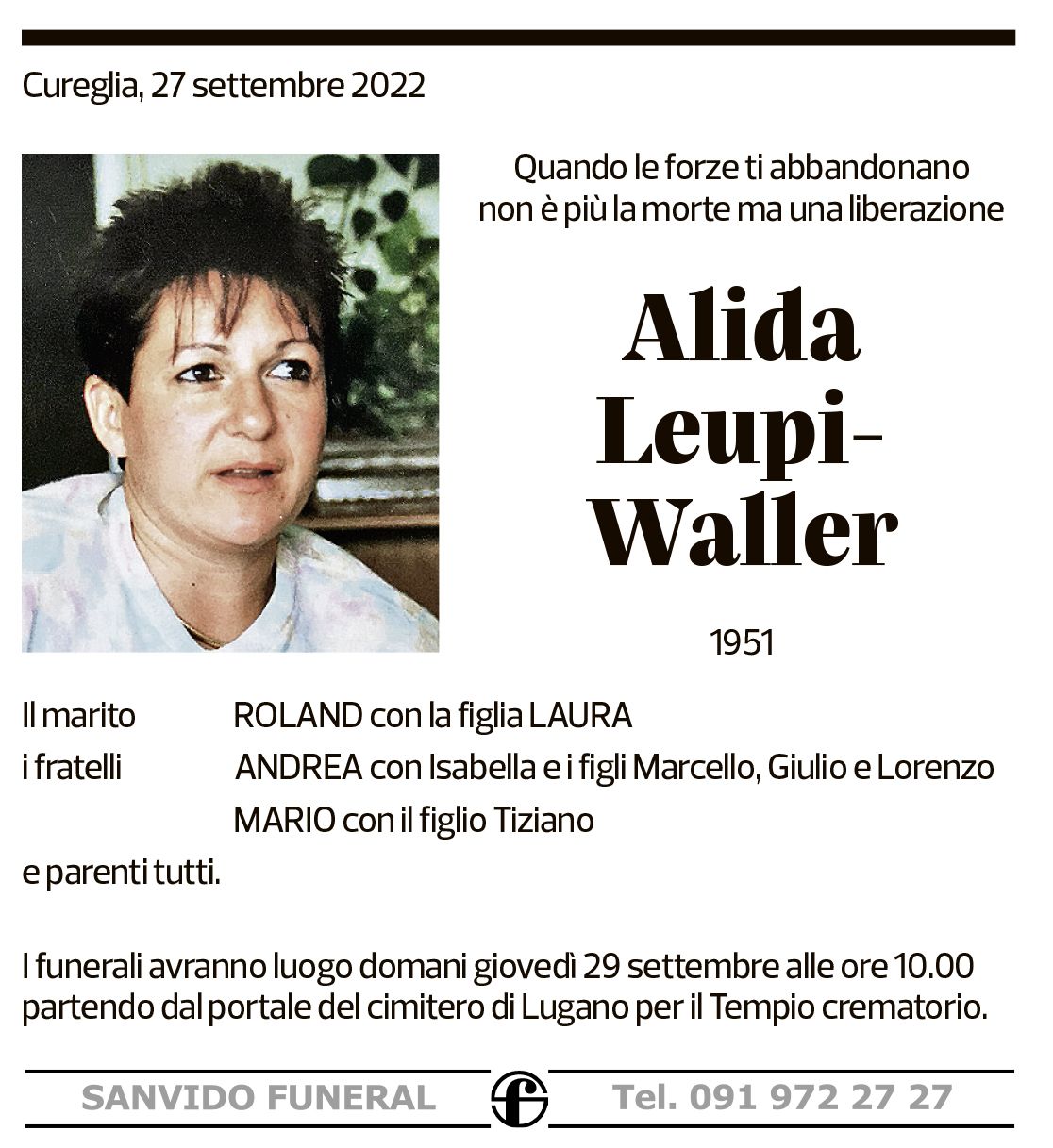 Annuncio funebre Alida Leupi-waller