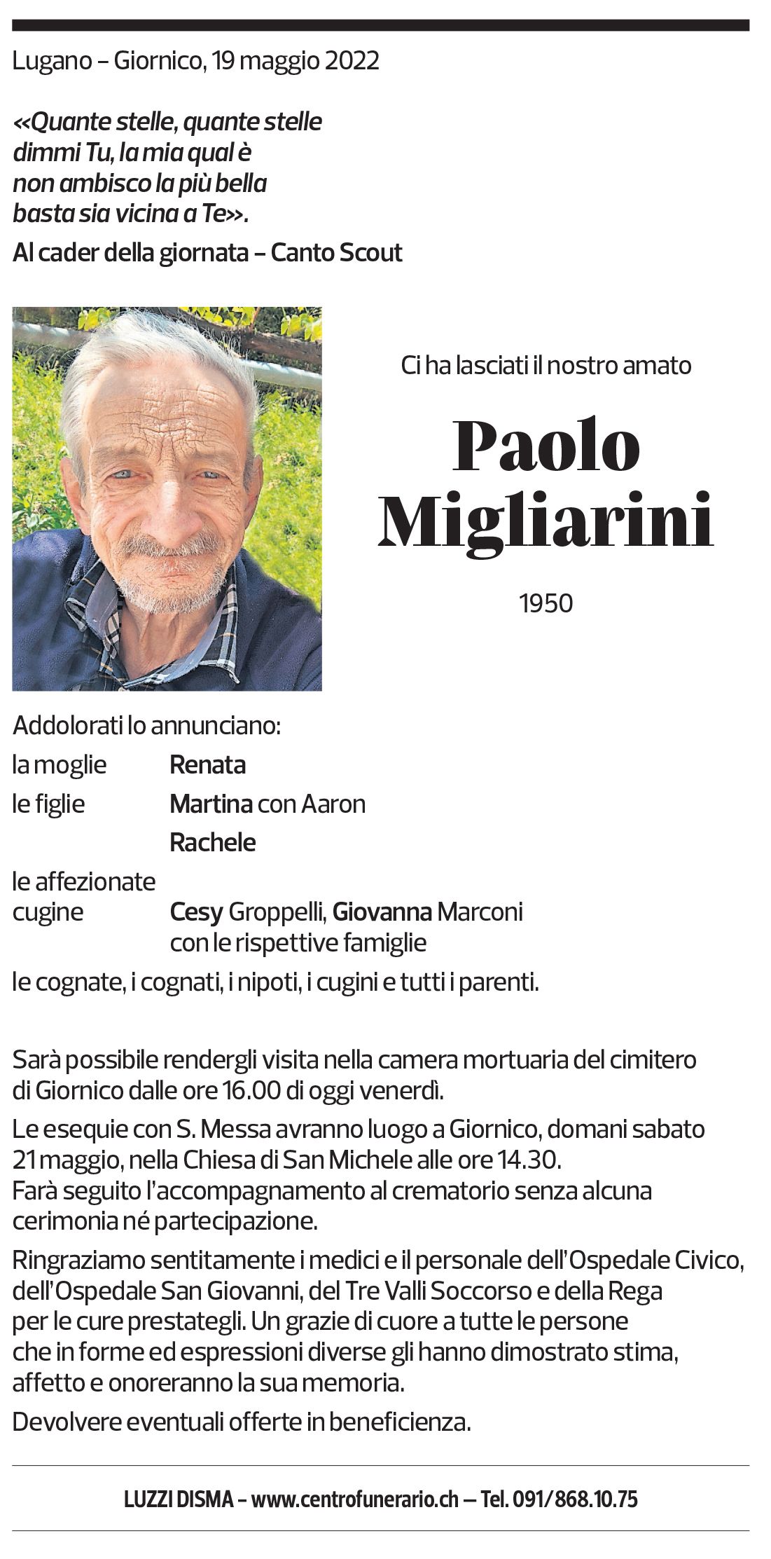 Annuncio funebre Paolo Migliarini