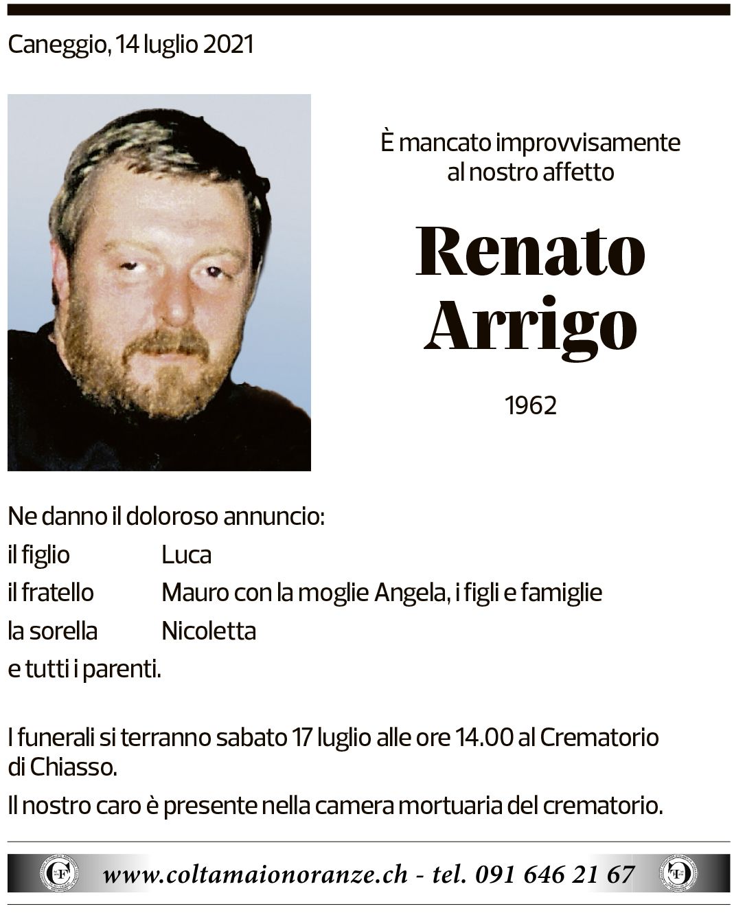 Annuncio funebre Renato Arrigo