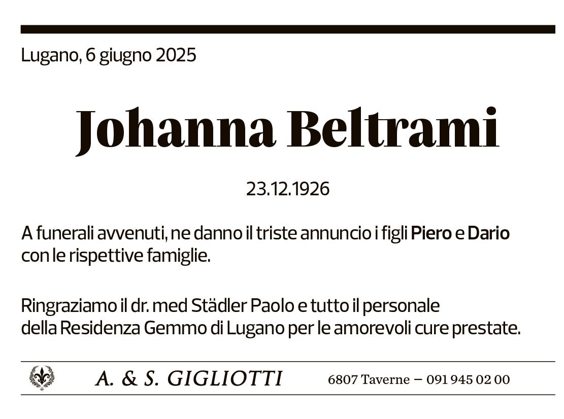 Annuncio funebre Johanna Beltrami