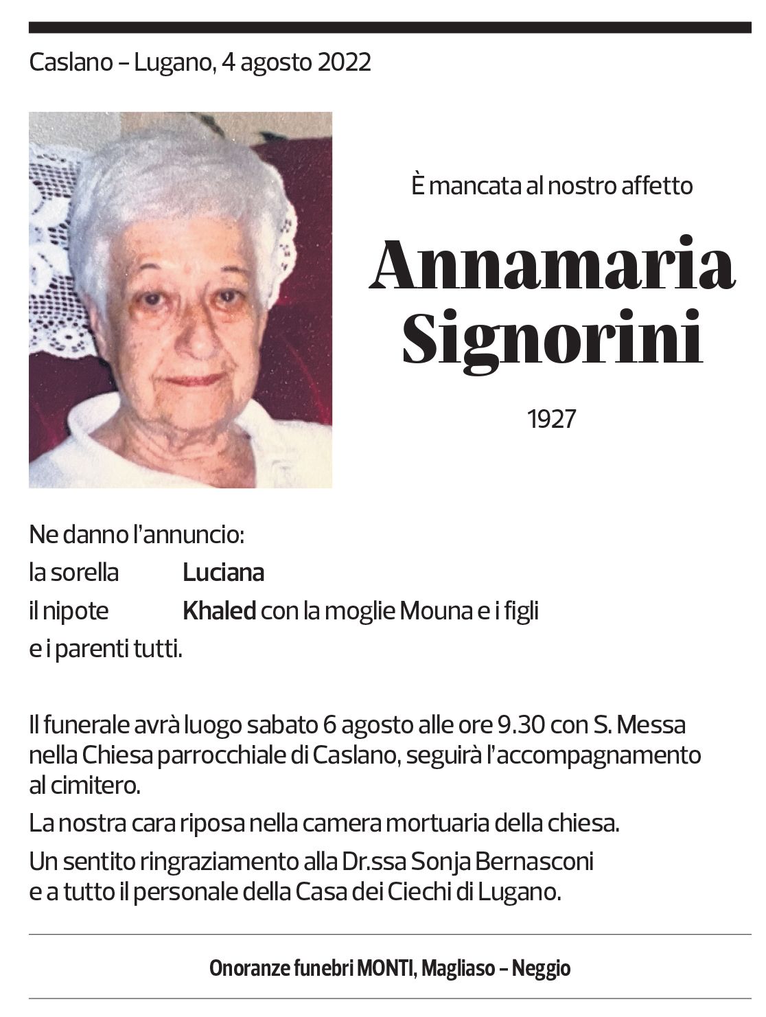 Annuncio funebre Annamaria Signorini