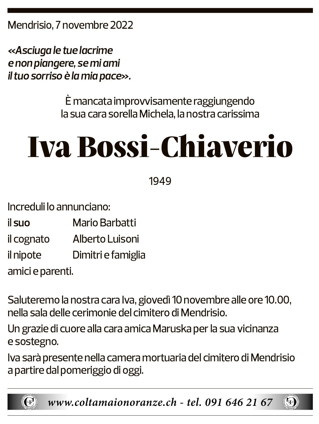 Annuncio funebre Iva Bossi-chiaverio