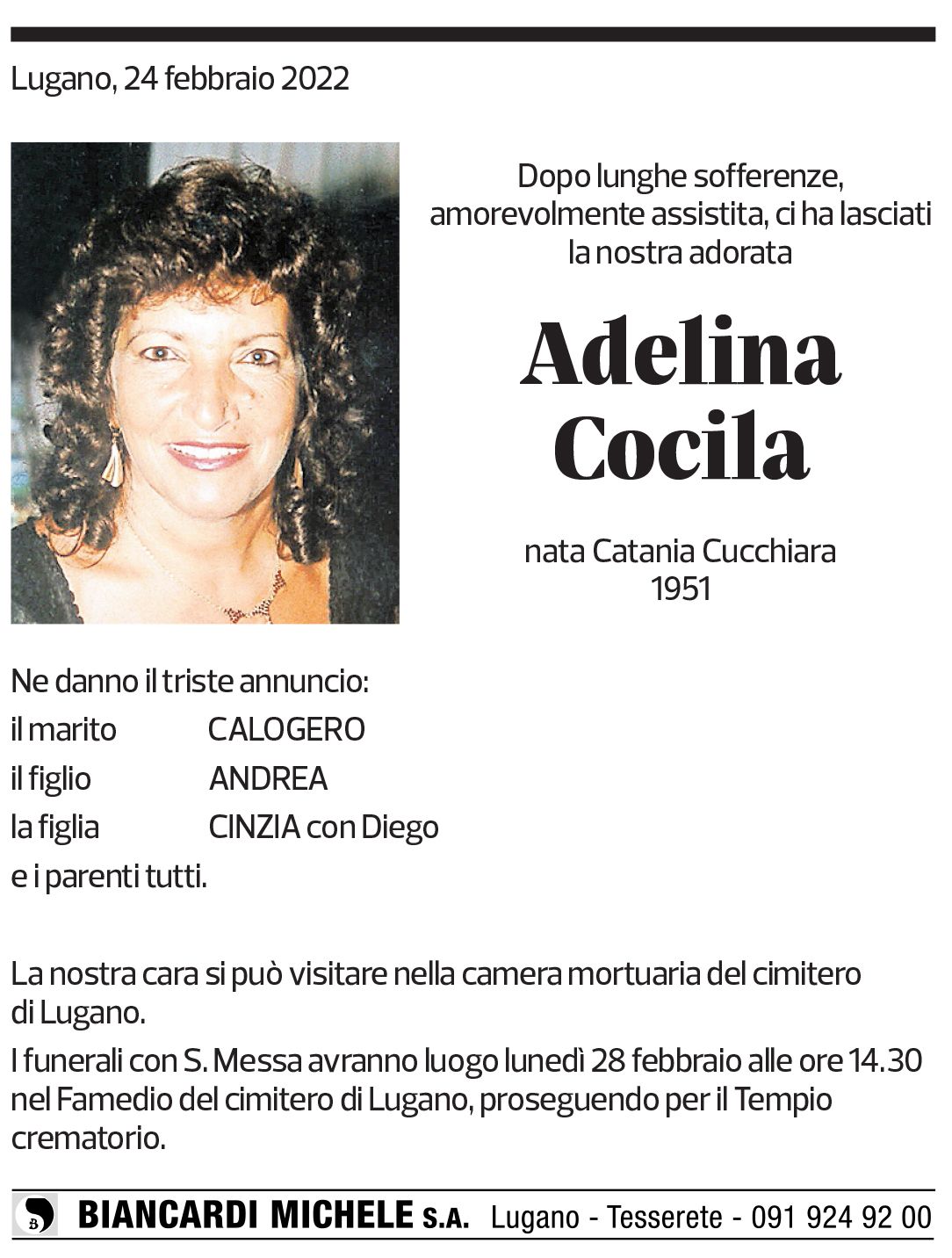 Annuncio funebre Adelina Cocila