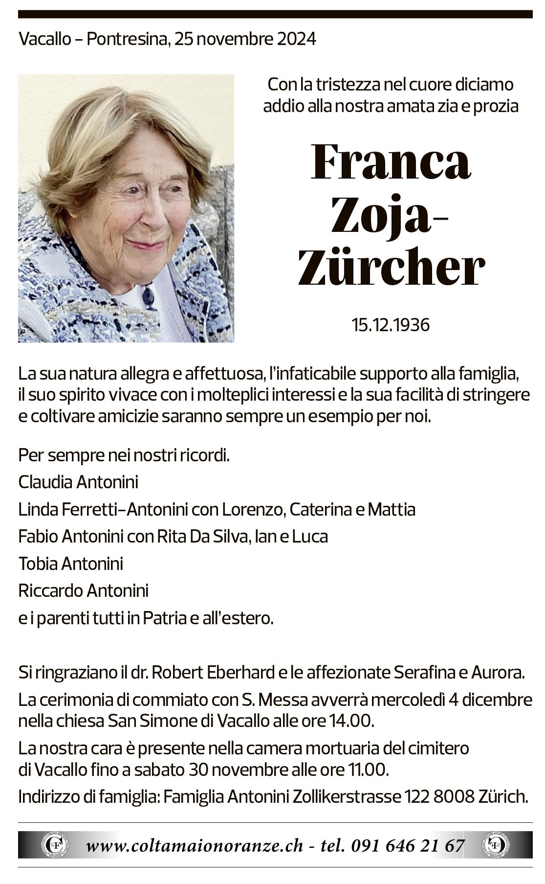 Annuncio funebre Franca Zoja-zürcher