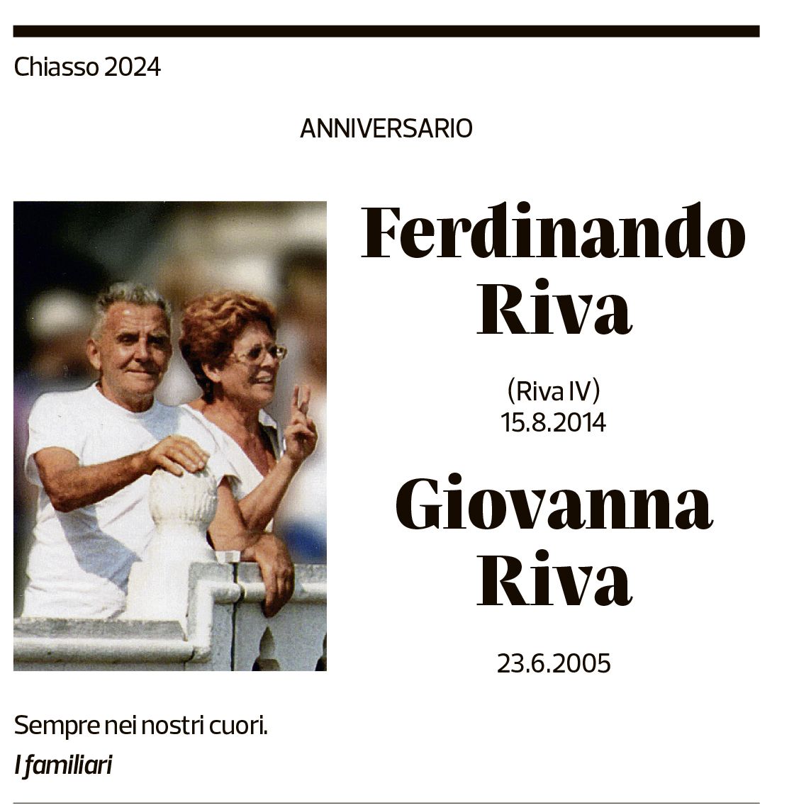 Annuncio funebre Ferdinando Riva Giovanna Riva