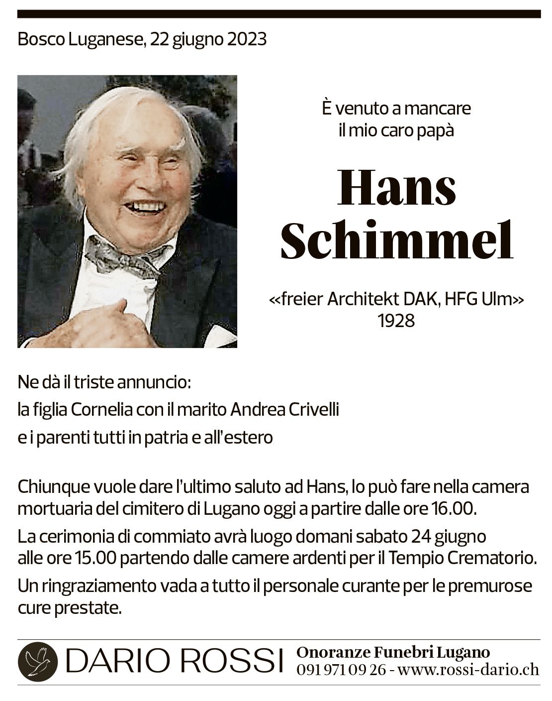 Annuncio funebre Hans Schimmel