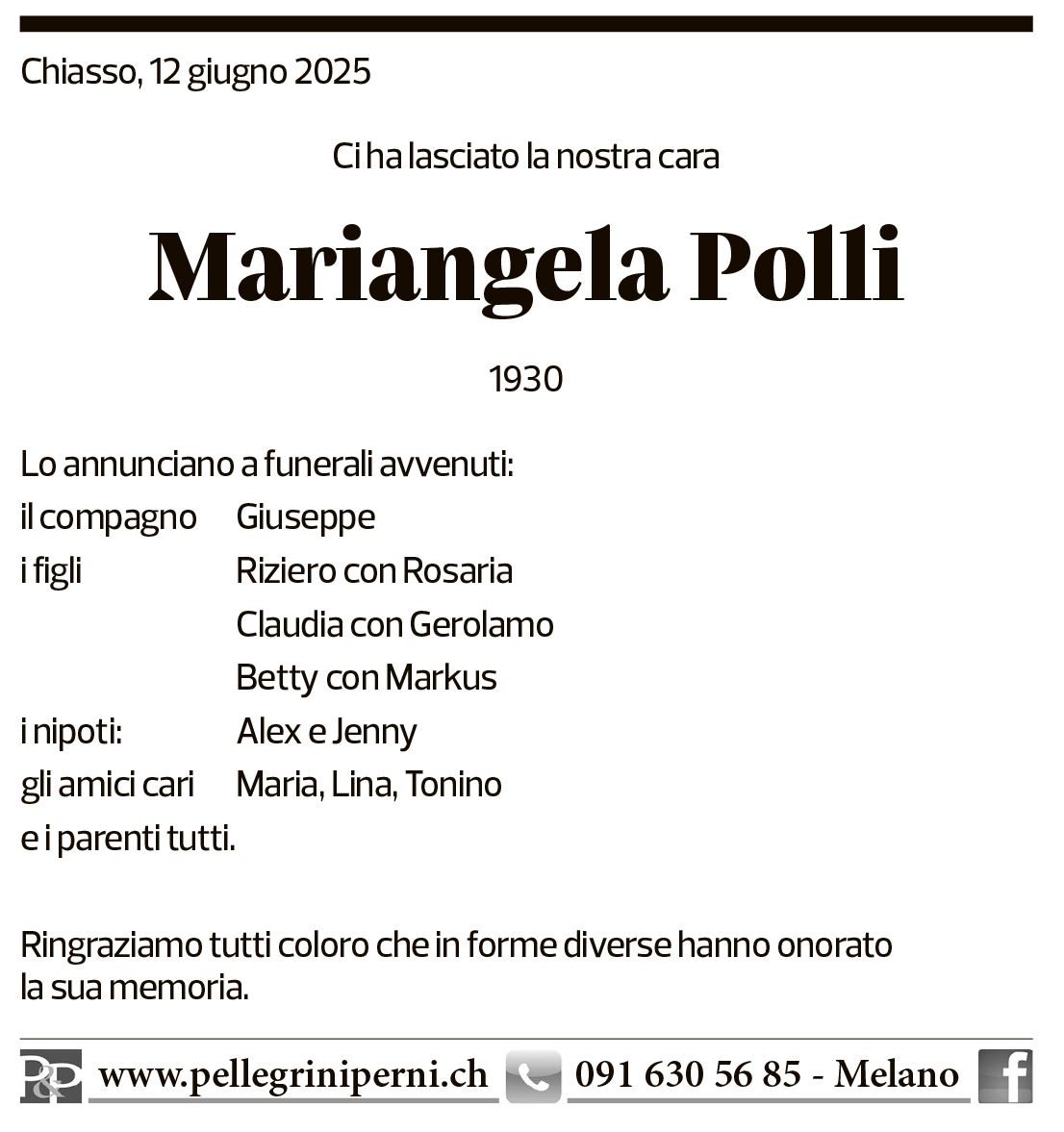 Annuncio funebre Mariangela Polli