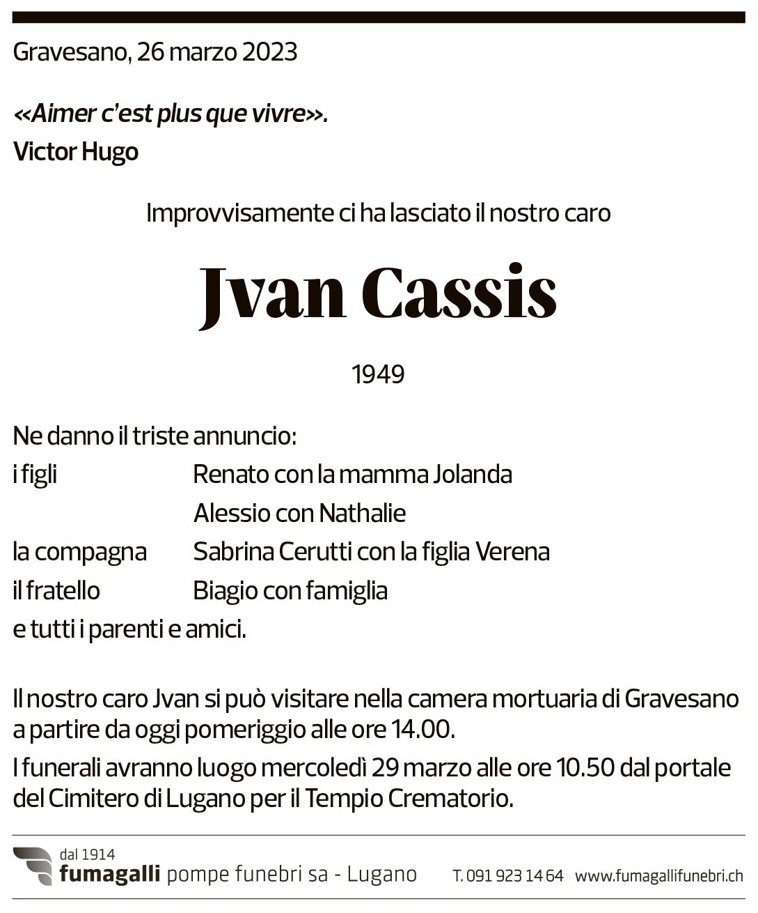 Annuncio funebre Jvan Cassis